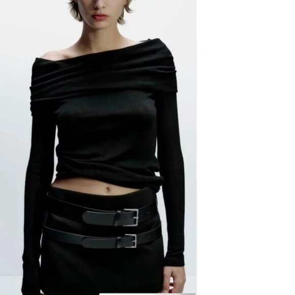 NWT Zara Black Mini Skirt with Double Belts, Size Large - Picture 3 of 8